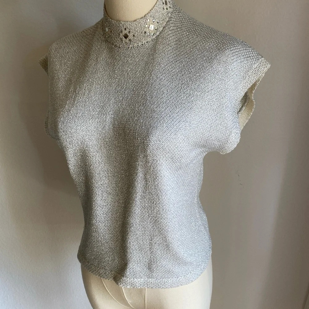 Vintage 1970s St John Metallic Knit Mock Neck Top with Embellishments - size 8